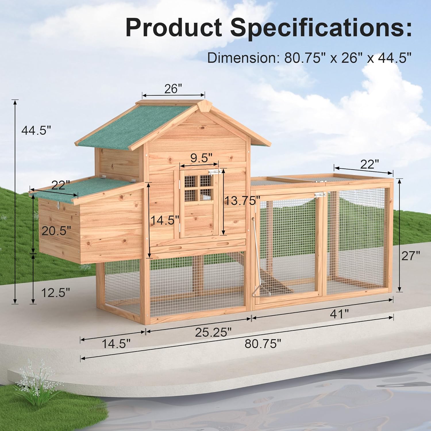 Durable Outdoor Chicken Coop for 5 Chickens – Weatherproof Wooden Hen House with Run, Nesting Box & Removable Tray